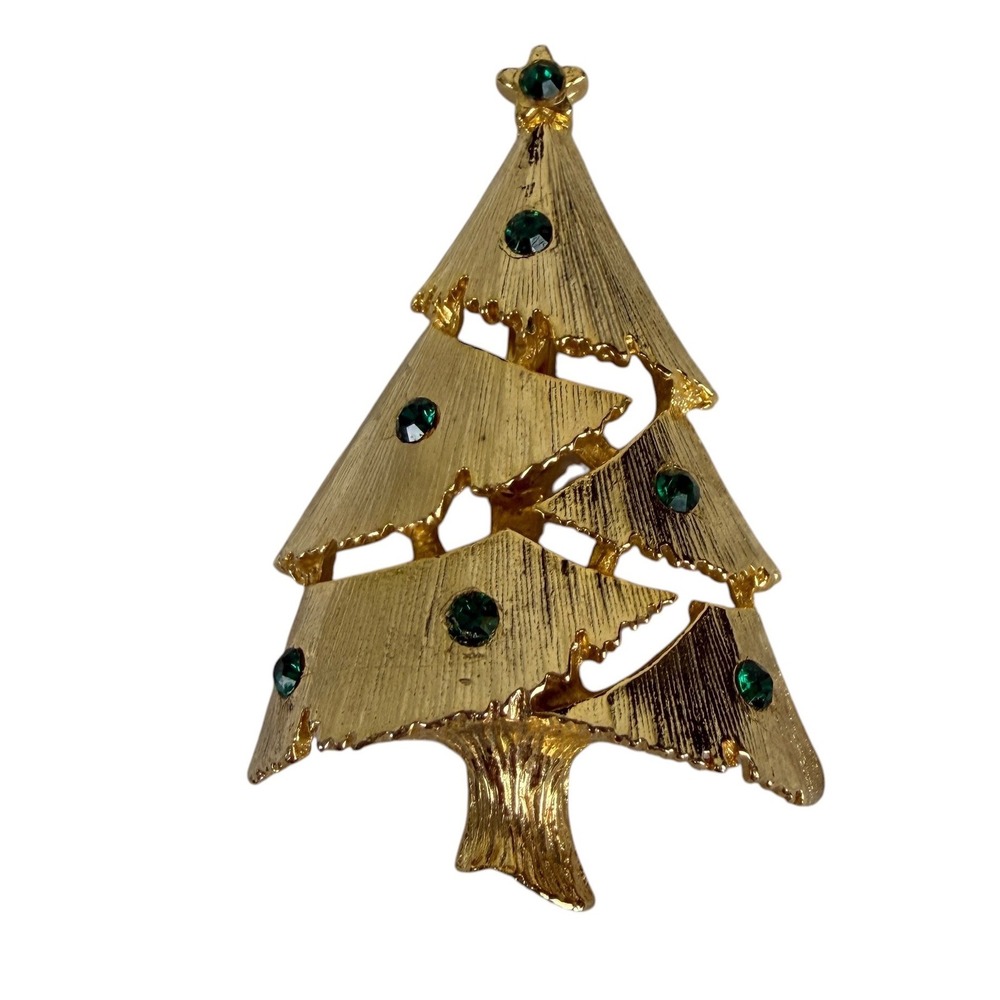 Vintage Gold Tone Christmas Tree Brooch Green Rhinestone Tiered Holiday Pin